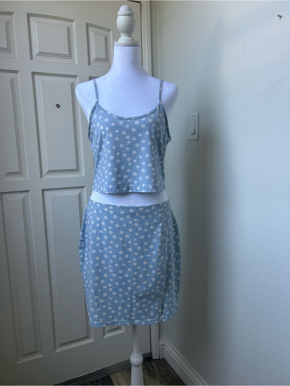 BP. Blue Daisy Print Matching Crop Cami & Mini Skirt Set Y2K XL/L
